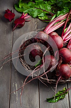 Bunch of fresh organic beets on rustic wooden table