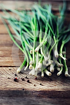Bunch of fresh organic green onions, scallions on wooden background with pepper. Copyspace