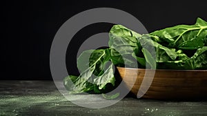 Bunch of Fresh Organic Raw Collard greens in Bowl With Copy Space Background Defocused