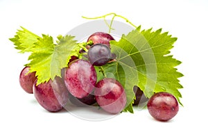 Bunch of pink grapes with green leaves isolated on white background