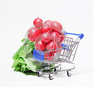 Bunch of fresh radish with leaves in shopping cart