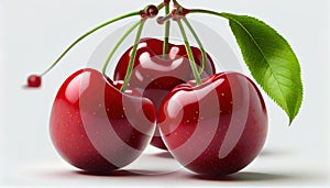 Bunch of Fresh Red Cherry Fruit on White Background AI Generative