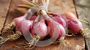 Bunch of fresh red onions on rustic wooden background. Close-up shot with natural light