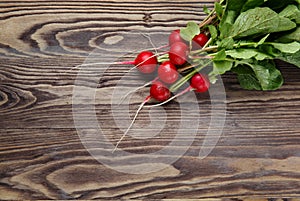 Bunch of fresh red radish, on wooden table