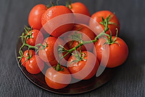 Bunch of Fresh red ripe tomatoes with branches with water drops, wooden plate, black background. Selective focus. Top