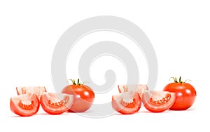 A bunch of fresh red tomato pieces on a white background