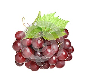 Bunch of fresh ripe juicy red grapes with leaves isolated on white