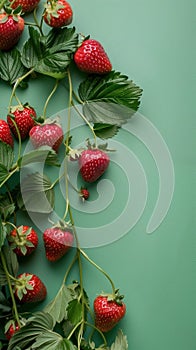 bunch of fresh ripe red strawberries with their leaves and stems against plain green background