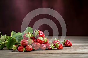 Bunch of fresh ripe strawberries scattered on rustic table, generative AI.
