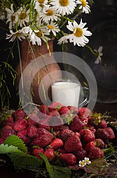 A bunch of fresh strawberries with wild daisies