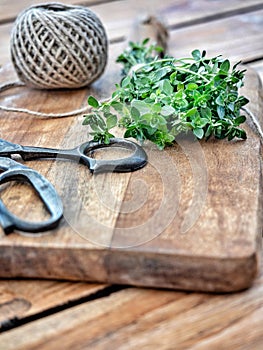 Bunch of fresh thyme, vintage scissors and skein of twine on cutting board