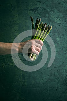 Bunch of fresh uncooked seasonal green asparagus in dirty man`s hands, selective focus, vertical composition. Gardening and local