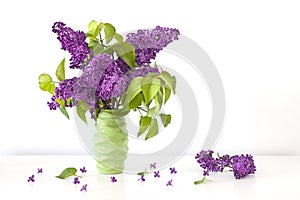 Bunch of fresh  violet Syringa vulgaris in Lilac flower  in green ceramic vase.