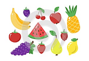 Bunch of fruit icons in flat design. Watermelon, bananas, apple, pineapple. Cartoon cartoon illustrations of healthy