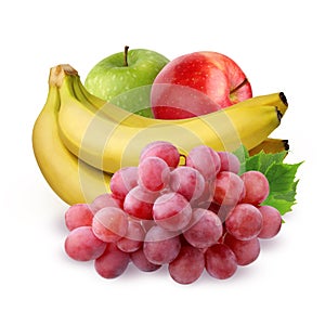 Bunch of fruit on a white background. Apple, grape and banana.