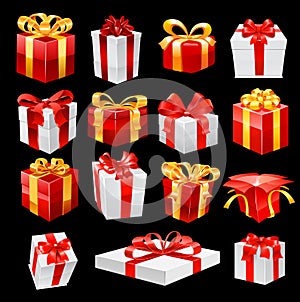 Bunch of gift boxes with ribbons. Vector