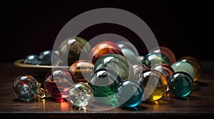 a bunch of glass marbles sitting on a wooden table next to a plate with a spoon in it and a black background behind them