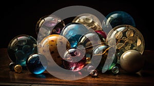 a bunch of glass marbles sitting on a wooden table top with a black back ground and a black background behind them, with a few of
