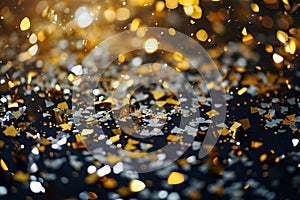 A Bunch of Gold and Silver Confetti on a Black Background, Confetti in gold and silver glinting under bright lights, AI Generated