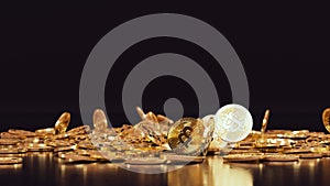 A bunch of golden bitcoin coins falling to the ground from above on a dark background in realistic slow motion 3D animation.