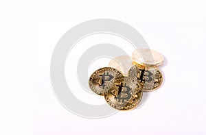 Bunch Of Golden Bitcoin Crypto Currency Coins On White Background. Domination