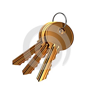 Bunch of golden keys with ring isolated on white background