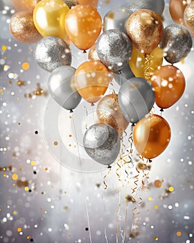 Bunch of golden and silver gray metallic balloons and confetti on glistering background. Birthday, holiday or party background.