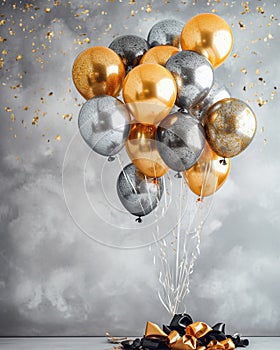 Bunch of golden and silver gray metallic balloons and confetti on glistering background. Birthday, holiday or party background. photo