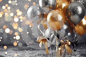 Bunch of golden and silver gray metallic glitter balloons with bows and confetti on glistering background. Birthday, holiday or photo