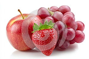 A bunch of grapes and an apple with a strawberry on top