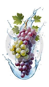 A bunch of grapes is being splashed with water.