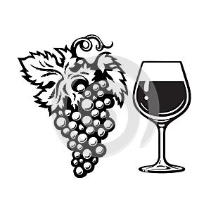 Bunch of grapes and glass of wine in engraving style. Wine icon. Black and white vector illustration on white background