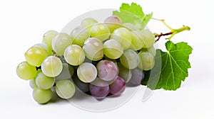 Bunch of grapes with green leaves isolated on a white background