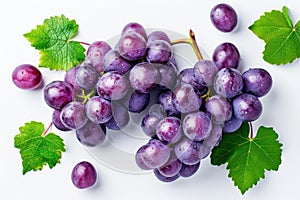 Bunch of Grapes With Green Leaves on White Background A collection of ripe grapes, adorned with fresh green leaves, showcased