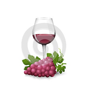 A bunch of grapes with leaves and a glass of red wine