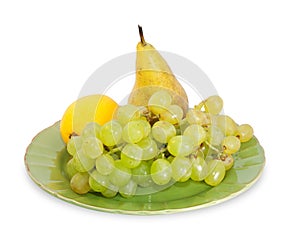 Bunch of grapes, lemon and pear