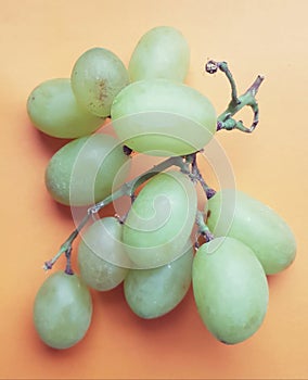 Bunch of grapes over light orange backdrop. Tasty fresh grapes.