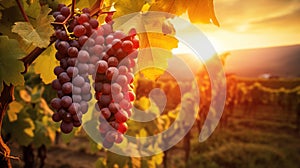 Bunch of grapes in a picturesque vineyard at sunset. - Generative ai
