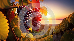 Bunch of grapes in a picturesque vineyard at sunset. - Generative ai