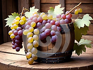 A Bunch Of Grapes Sitting On Top Of A Wooden Barrel. Generative AI