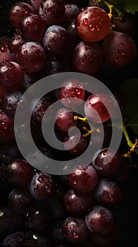 a bunch of grapes with water droplets on them and a green leaf on top of it, on a black background, with a few drops of water on