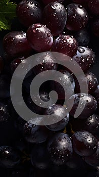 a bunch of grapes with water droplets on them and a leaf on top of them, with a black background and a green leaf in the middle