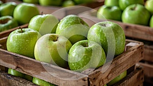 A bunch of green apples are in wooden crates on a table, AI