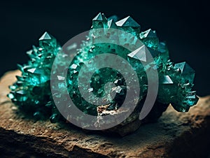 A bunch of green crystals sitting on top of a stone. AI generated