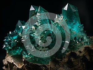 A bunch of green crystals sitting on top of a stone. AI generated