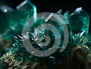 A bunch of green crystals sitting on top of a stone. AI generated
