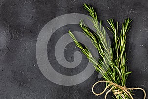 Bunch of green fresh rosemary on the dark black background. Herbs and spices for recipes