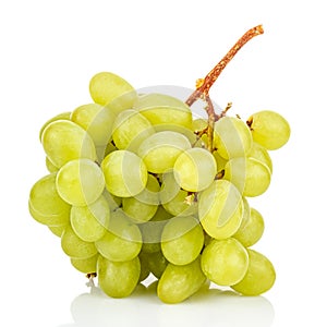 Bunch of green grapes on glossy surface with reflection isolated on white background