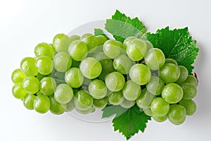 Bunch of Green Grapes With Leaves on a White Background A cluster of green grapes, complete with leaves, arranged neatly on a