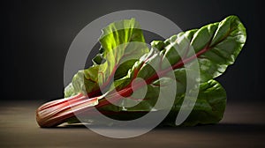 Bunch of green silverbeat vegetable leaves on wooden bench